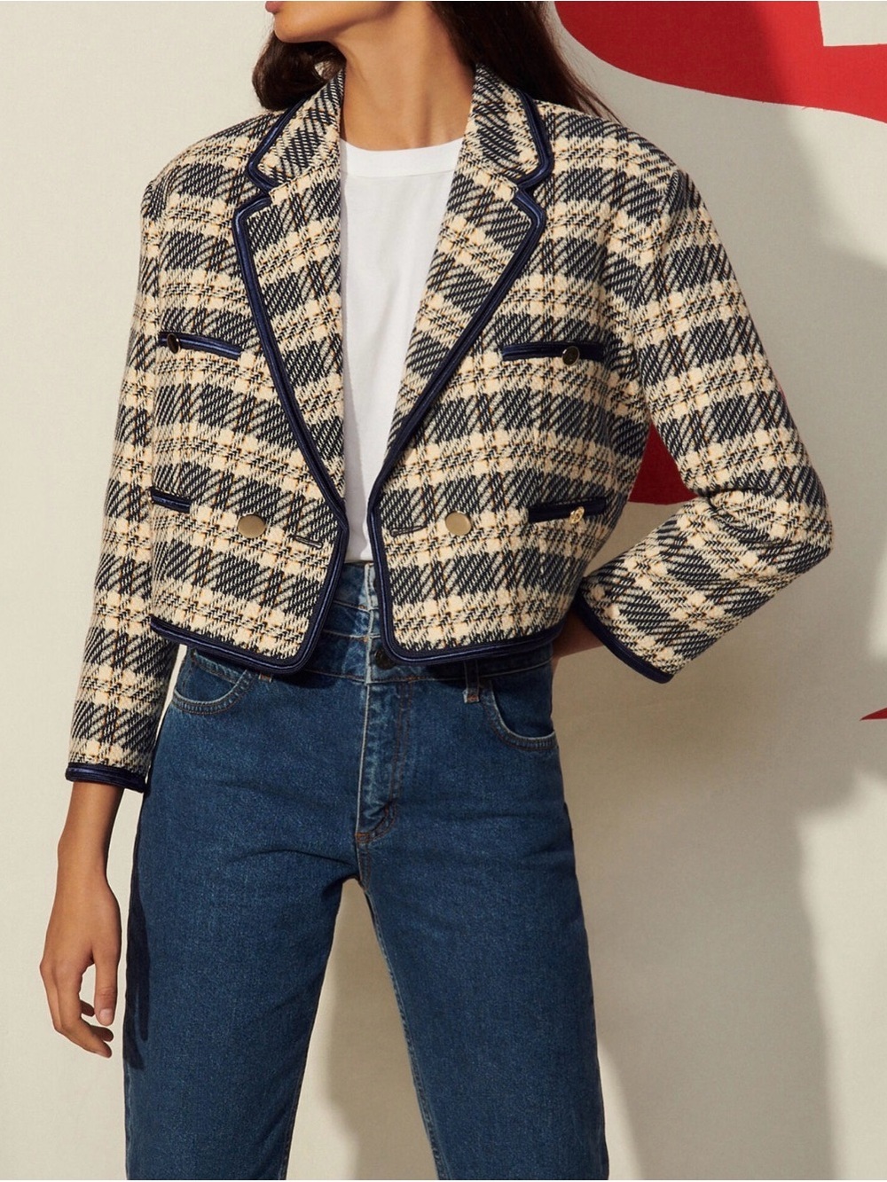 Sandro Cropped Plaid Tweed Jacket in Beige and Navy